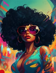 a painting of a woman with sunglasses on her head and an afro hairstyle in front of a cityscape