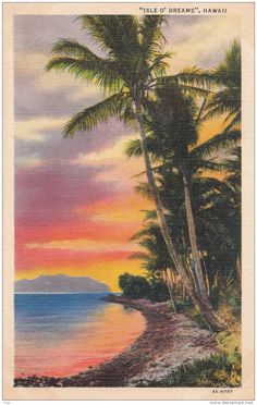 an old postcard with palm trees on the beach and sunset in the background,