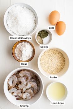 an image of ingredients for shrimp salad on white table top with eggs, flour, salt and pepper