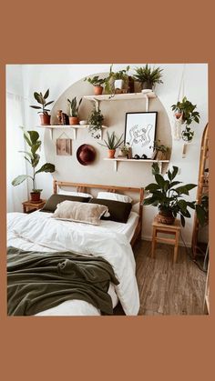 a bed room with a neatly made bed and lots of plants on the shelves above it