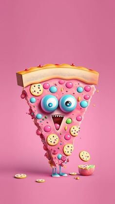 a slice of pizza with eyes and candy on it is standing in front of a pink background