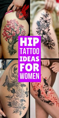 the images show different types of tattoos on women's butts and thighs, with text overlay that reads hip tattoo ideas for women