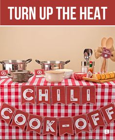 a red and white checkered table cloth with the words chill cook off on it