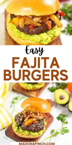 Fajita Burgers will transform your next BBQ night! They're packed with delicious sweet peppers, onions, and Tex-Mex flavors. Try this twist on burger night and your life will never be the same again! Top them with Guacamole and Pico de Gallo for an explosion of mouth-watering flavors in your mouth! burger night | cook out | party food Fajita Burgers, Family Meals Kid Friendly, Healthy Kid Friendly Meals, Bbq Night, Cook Out, Burger Meat, Flavored Olive Oil, Burger Night, Baked Chicken Tenders