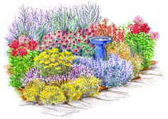 a drawing of a garden with colorful flowers