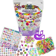 the rainbow loom party kit includes stickers, bracelets and more