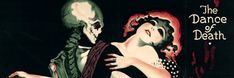 a painting of a woman hugging a man in front of a black background with skulls on it