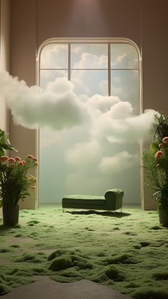 an open door to a room with green carpet and plants in the foreground that has a cloud floating over it