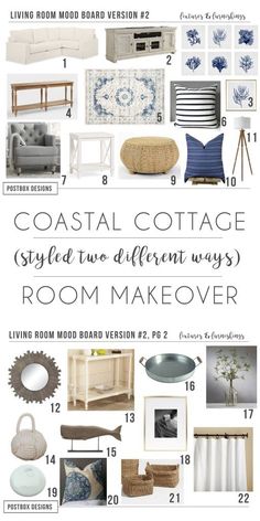 the coastal cottage style living room makeover is shown in blue and white, with text overlaying it