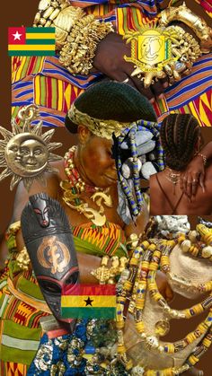 a collage of african women with jewelry on their heads and hands, all in different colors