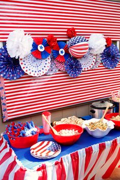 an american themed party with red, white and blue decorations