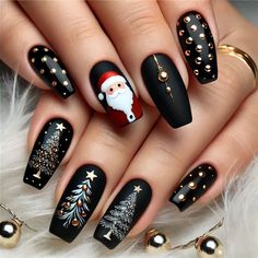 Stand out this holiday season with these chic black Christmas nails! 🖤🎅 Perfect for adding a modern and edgy twist to traditional holiday looks, these designs feature sparkling glitter, snowflakes, and festive accents like gold stars or Christmas trees. Ideal for holiday parties or cozy winter vibes. Save this pin for your unique Christmas nail inspiration! 🎁❄️ #ChristmasNails #BlackNails #HolidayManicure #BlackChristmasNails #HolidayNailArt #FestiveNails #ChristmasStyle #WinterNails #ModernNailArt #HolidayBeauty #USAStyle #USA Nail Art With Black, Christmas Nail Inspiration, Black Christmas Nails, Holiday Manicure, Solar Nails, Modern Nail Art, Chic Nail Designs, Snowflake Patterns, Black Nail Polish