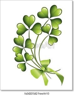 four leaf clovers with green ribbons and hearts on white background stock photo, royalty illustration