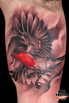 a black and grey tattoo with a red bird on it