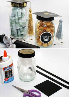 graduation gifts in mason jars with scissors and other items to make them look like they are going