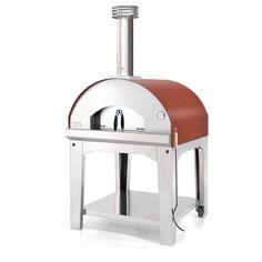 an outdoor pizza oven with a red and white cover on the front, standing upright against a white background