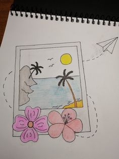 a drawing of a beach scene with flowers and an origami plane