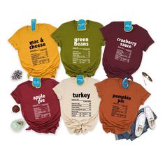 five different colored shirts with the words'green beans, mashed potatoes and cranberry sauce on them