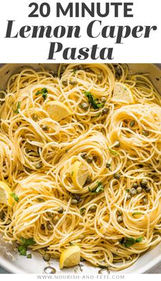 lemon caper pasta in a skillet with text overlay