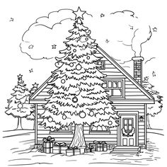 Christmas Tree Decorates Cozy Cabin in Winter Wonderland (free printable PDF black-and-white line drawing coloring page suitable for all, from beginners to advanced learners, including children, teens, adults, and seniors) Tree Coloring Pages Free Printable, Cabin In Winter, Porch Christmas Tree, Christmas Tree Coloring, Monster Truck Coloring Pages, Best Christmas Tree, Happy Birthday Coloring Pages, Tree Coloring, Turkey Coloring Pages