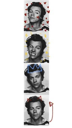 the four faces of people with crowns on their heads are shown in black and white