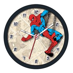 a clock with a spider man on it's face and numbers around the clock