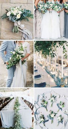 a collage of photos with flowers and greenery on the table, in different colors