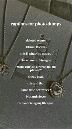 three necklaces with the words captions for photo dumps written below them on a gray background