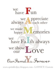 the words for our family are shown in different colors and font on a white background