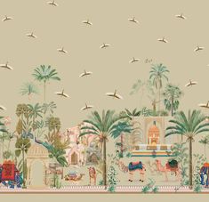 a wallpaper with birds flying over the top of it and palm trees in the background