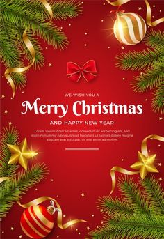 merry christmas and happy new year greeting card with fir tree branches, baubles and bows