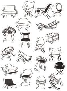 an image of various chairs drawn in black and white