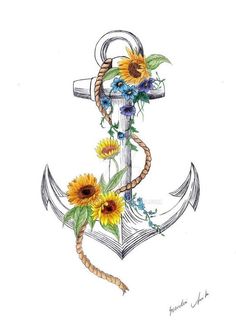 an anchor with sunflowers and other flowers on it