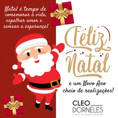 a poster with santa claus and presents for the holiday season in spanish, on a red background