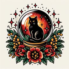 a black cat sitting in a glass ball surrounded by flowers and stars on a white background