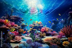 an underwater scene with fish and corals in blue water, under the sun light