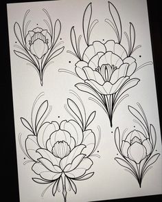 some flowers are drawn in black and white ink on a piece of paper with lines