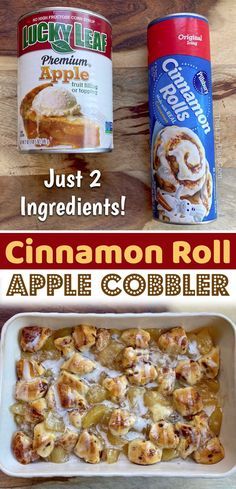 apple cinnamon roll cobbler recipe with just 2 ingredients in the background and text overlay