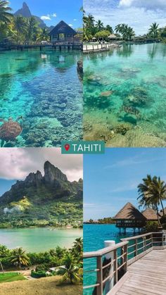 the four images show different types of water and land, with mountains in the background