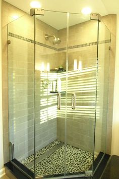 a walk in shower sitting inside of a bathroom