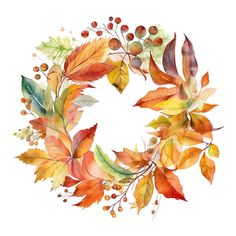 a watercolor wreath made up of leaves and berries