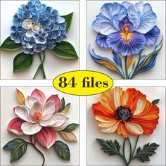 four different types of paper flowers are shown in the box with text that reads, 8 files