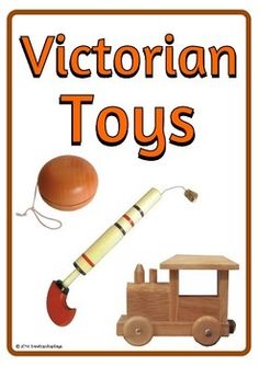 a sign that says victorian toys with an image of a toy truck and wooden mallet