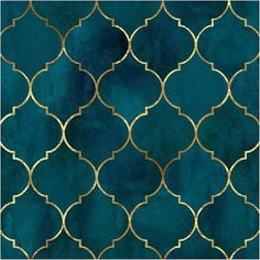 a blue and gold wallpaper with an intricate pattern on it's surface,