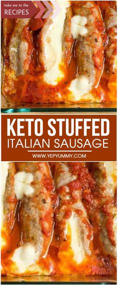 keto stuffed italian sausage in a casserole dish with melted cheese and marinara sauce