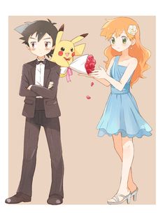 two anime characters one holding a rose and the other looking at a pikachu