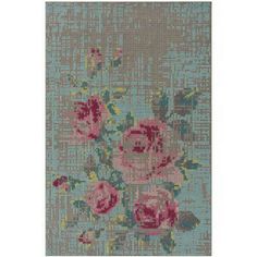 a cross stitch pattern with pink roses on blue and brown background, in the middle of an image