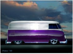 a purple and white van parked on top of a parking lot next to a cloudy sky