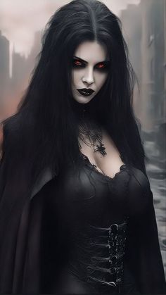 a woman with long black hair and red eyes is dressed up in gothic garb