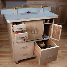 a kitchen island with drawers is shown in this image, and it's built into the floor